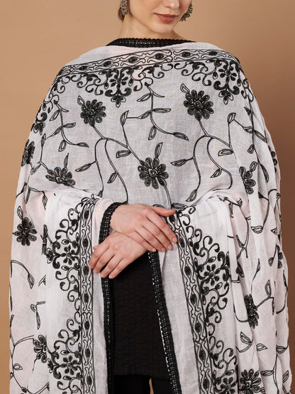Pure Cotton Embroidery Floral Dupatta for Women | White - view 4