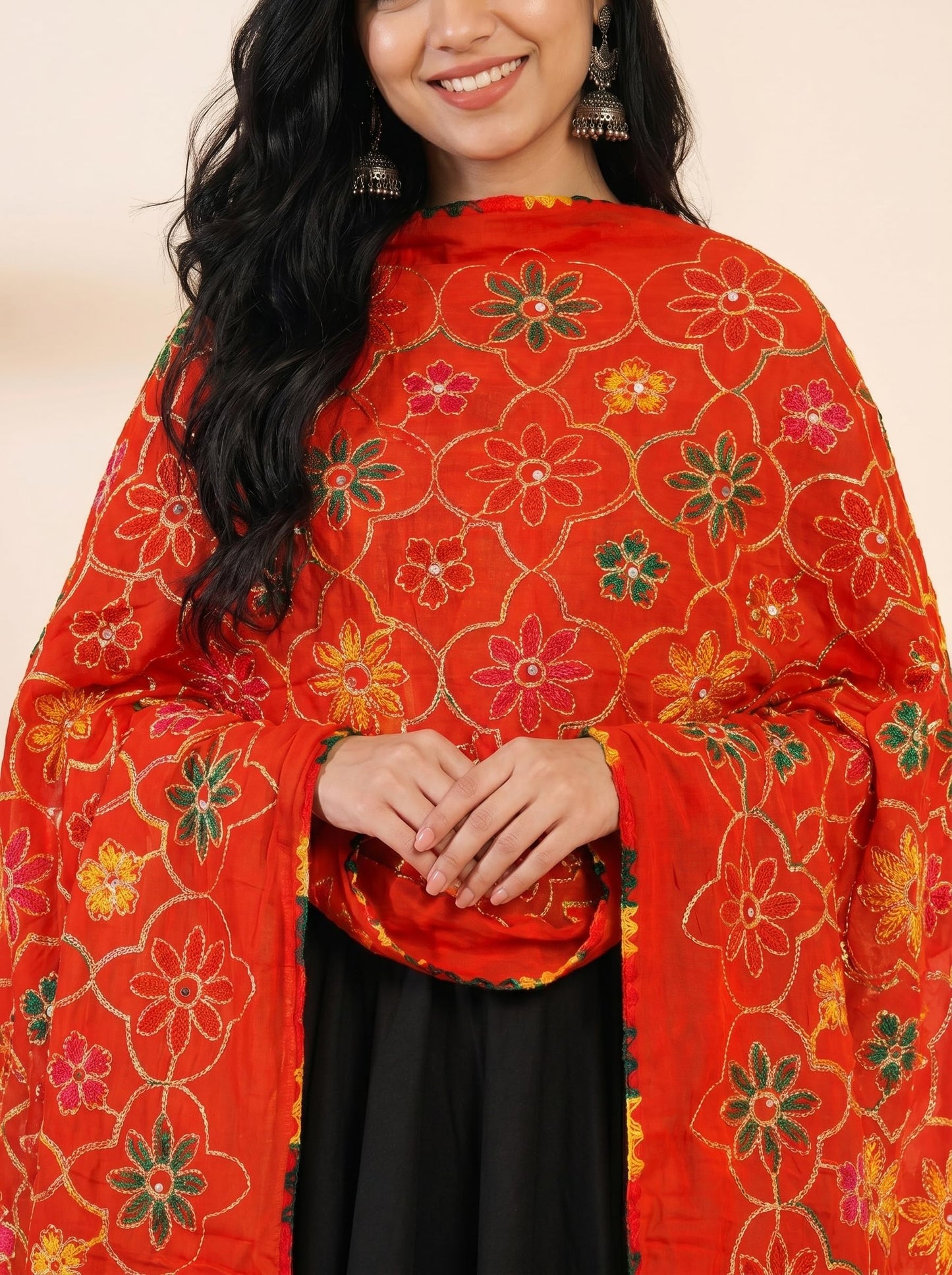 Pure Cotton Phulkari Embroidered Dupatta for Women | Red - view 5