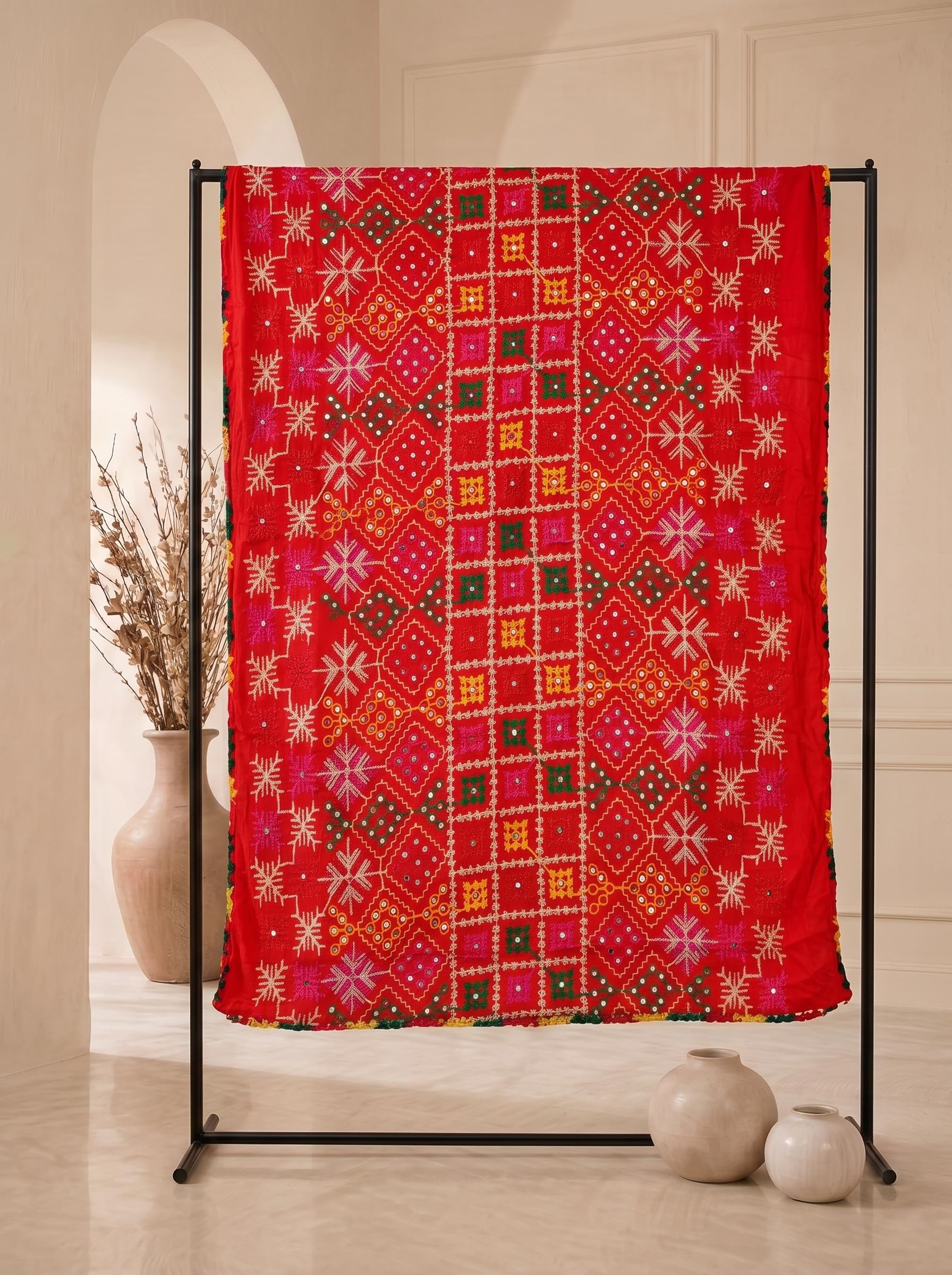 Pure Cotton Embroidered Phulkari Dupatta for Men | Red - view 6