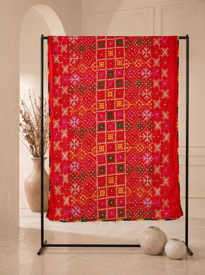 Pure Cotton Embroidered Phulkari Dupatta for Men | Red - view 6