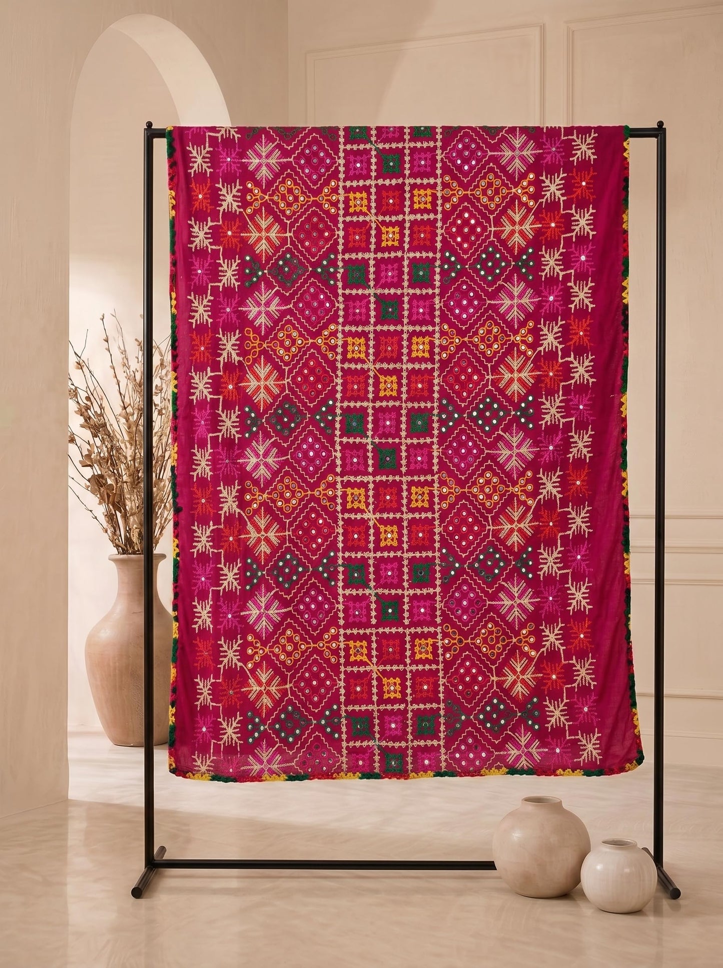 Pure Cotton Embroidered Phulkari Dupatta for Men | Pink - view 6