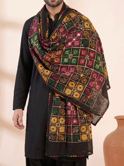 Pure Cotton Embroidered Phulkari Dupatta for Men | Black - view 5