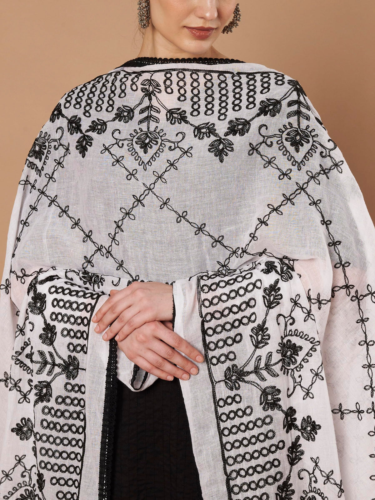 Pure Cotton Embroidery Cross Dupatta for Women | White - view 4