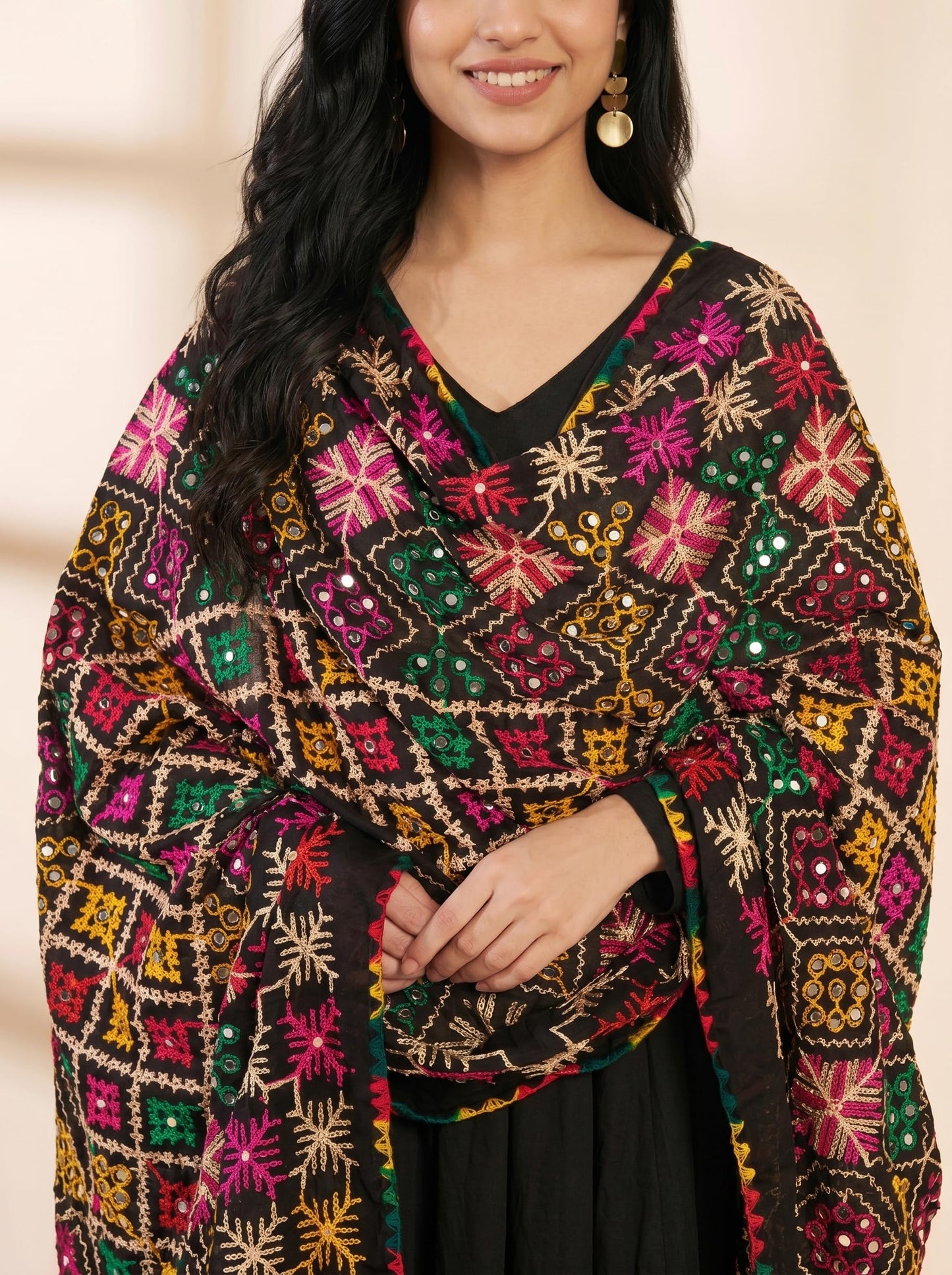 Pure Cotton Phulkari Embroidered Dupatta for Women | Black - view 7