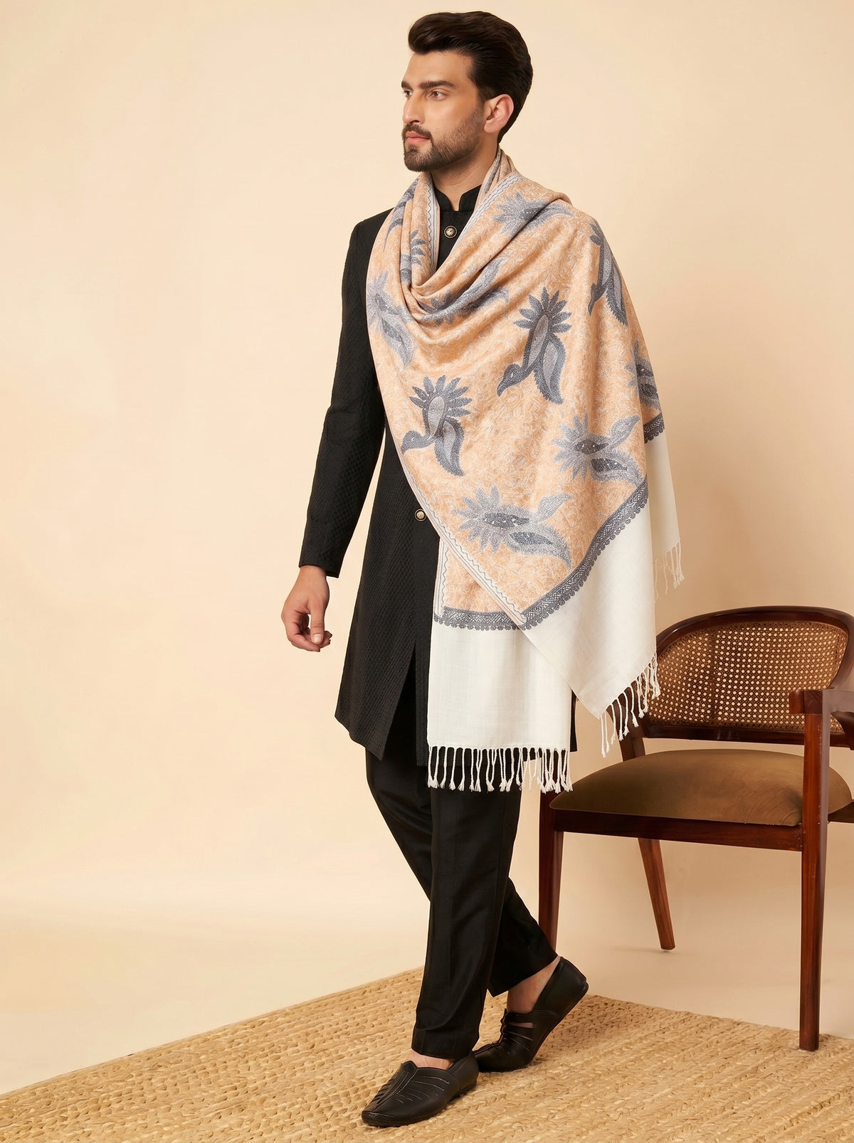 Woollen Pashmina Feel Stole in Silk Embroidery for Men | White - photo 1