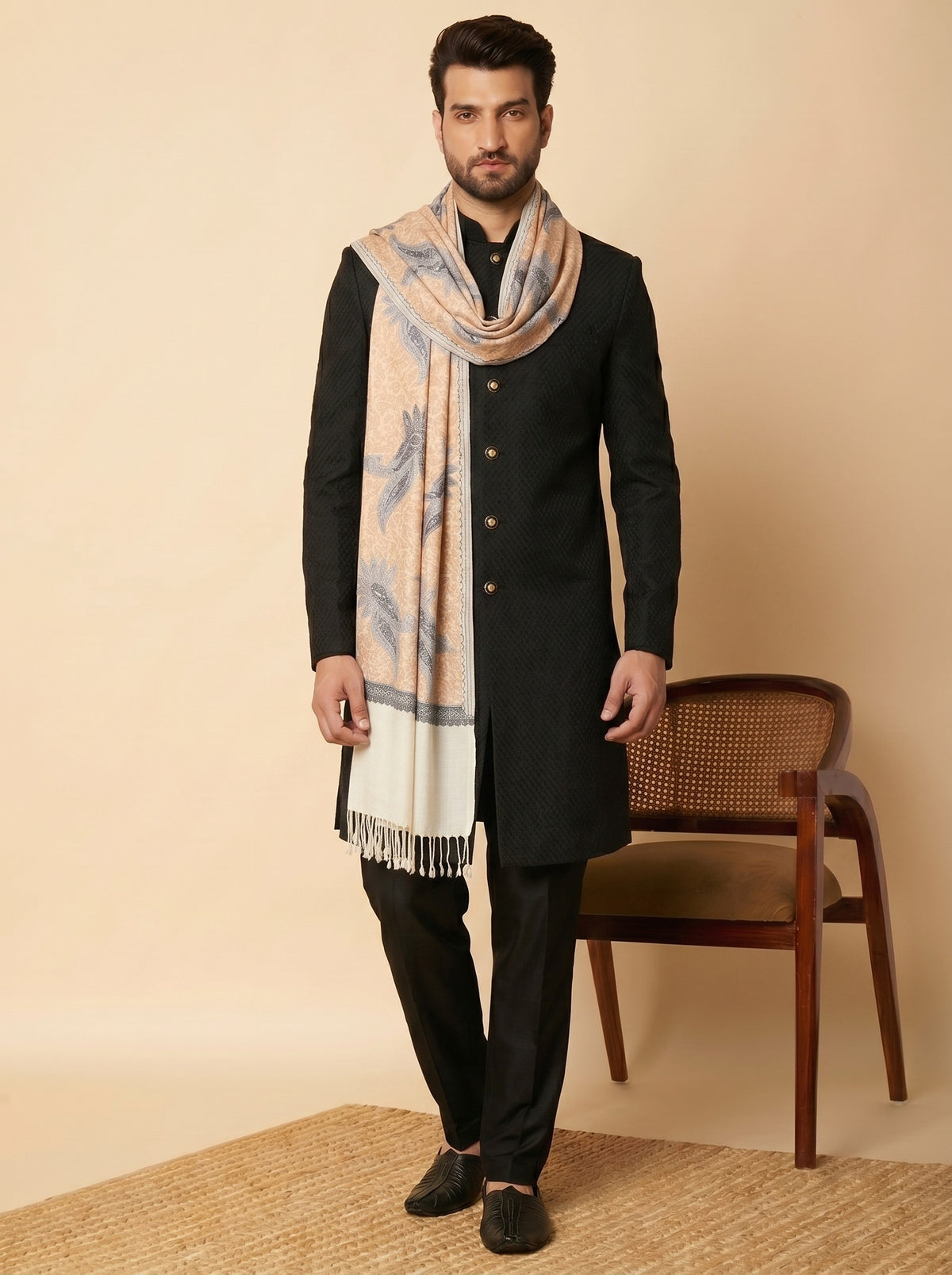 Woollen Pashmina Feel Stole in Silk Embroidery for Men | White - photo 2