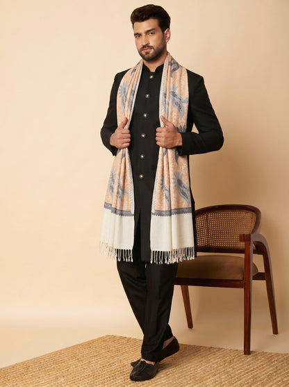 Woollen Pashmina Feel Stole in Silk Embroidery for Men | White - photo 3