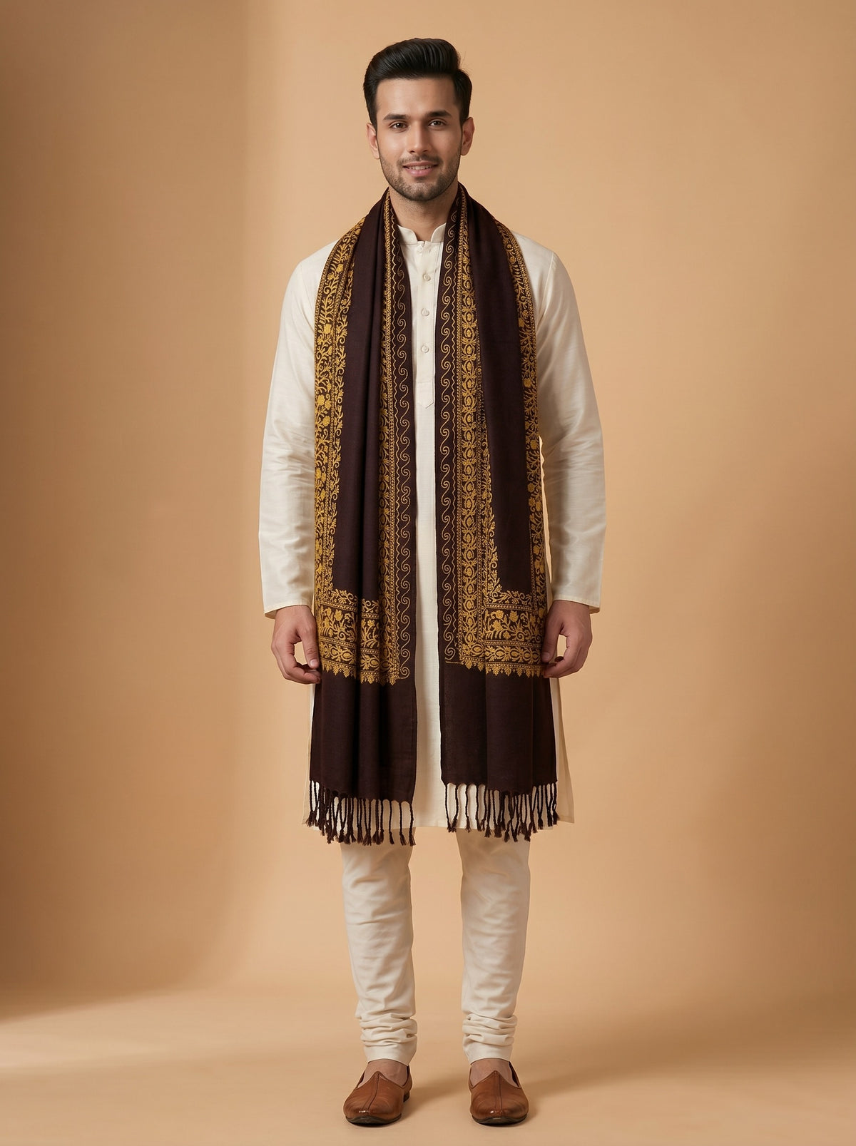 Floral Kashmiri Embroidery Warm Stole for Men with Fringed Border | Coffee Brown - photo 1
