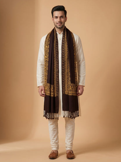 Floral Kashmiri Embroidery Warm Stole for Men with Fringed Border | Coffee Brown - photo 1