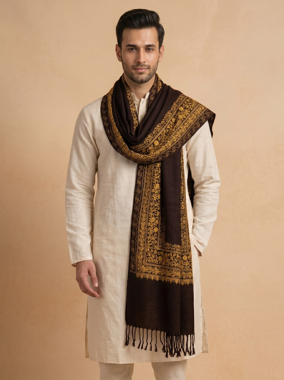 Floral Kashmiri Embroidery Warm Stole for Men with Fringed Border | Coffee Brown - photo 2