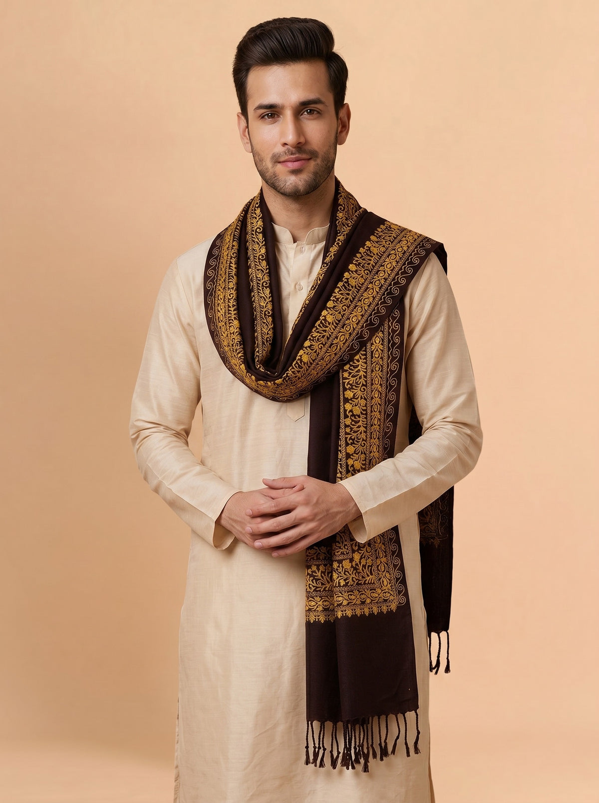 Floral Kashmiri Embroidery Warm Stole for Men with Fringed Border | Coffee Brown - photo 3