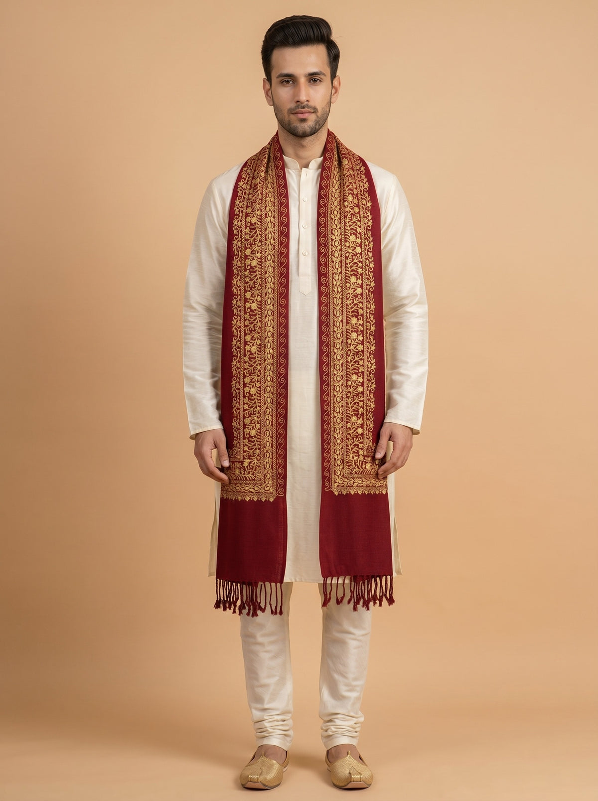 Floral Kashmiri Embroidery Warm Stole for Men with Fringed Border | Red - photo 1