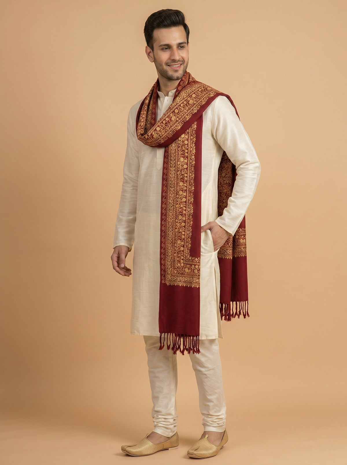 Floral Kashmiri Embroidery Warm Stole for Men with Fringed Border | Red - photo 2