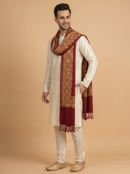 Floral Kashmiri Embroidery Warm Stole for Men with Fringed Border | Red - photo 2