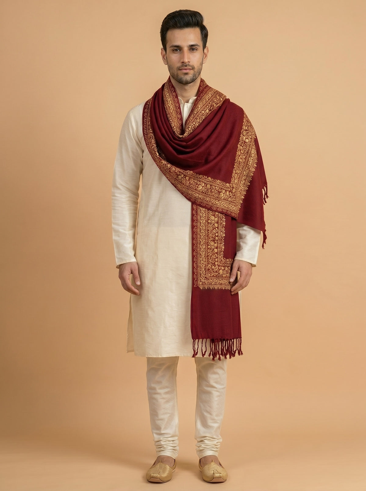 Floral Kashmiri Embroidery Warm Stole for Men with Fringed Border | Red - photo 3