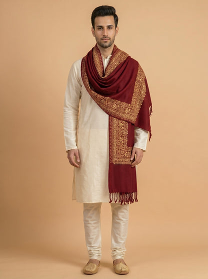 Floral Kashmiri Embroidery Warm Stole for Men with Fringed Border | Red - photo 3