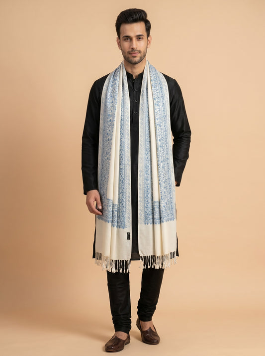 Floral Kashmiri Embroidery Warm Stole for Men with Fringed Border | White - photo 1