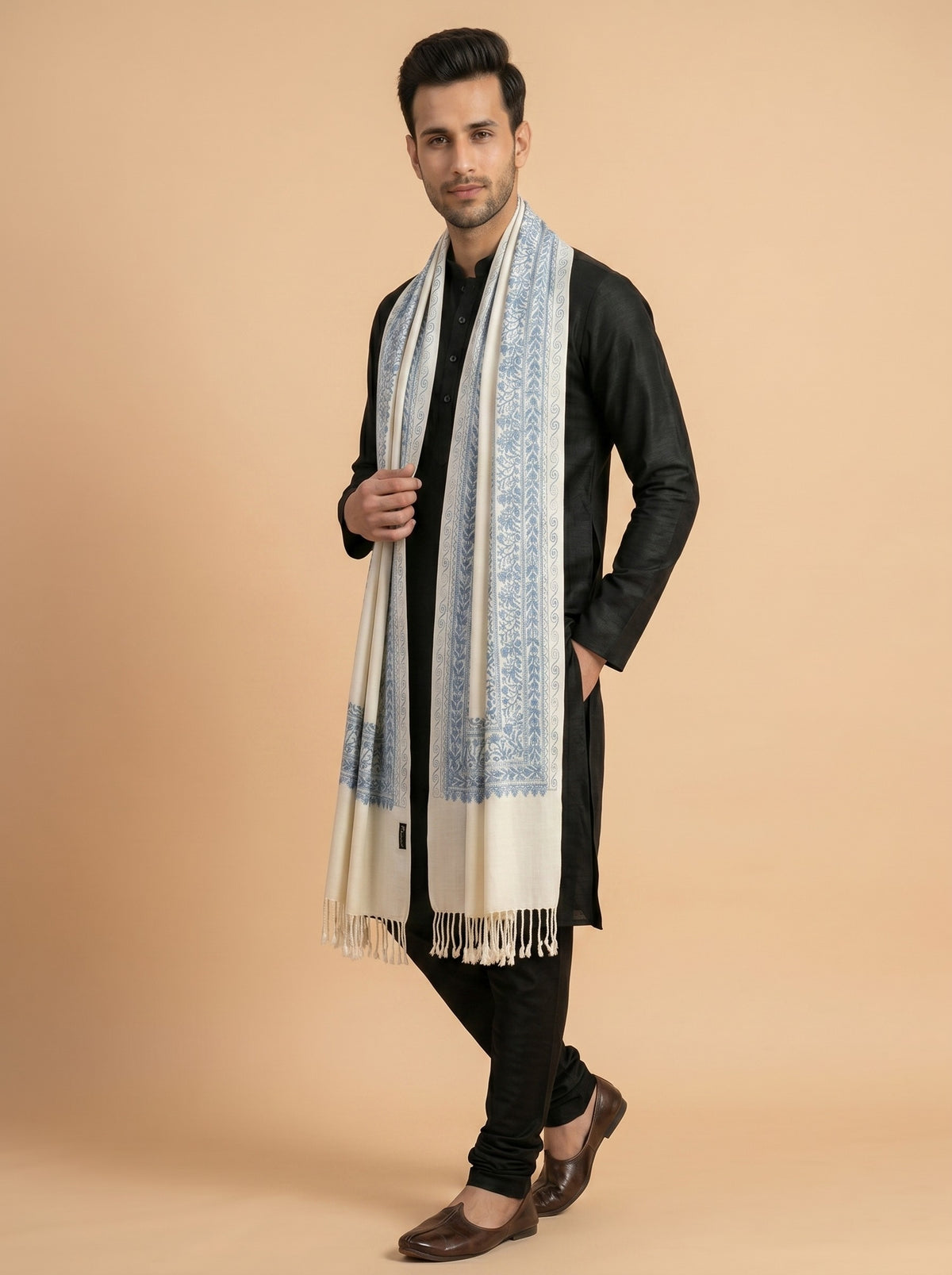 Floral Kashmiri Embroidery Warm Stole for Men with Fringed Border | White - photo 2