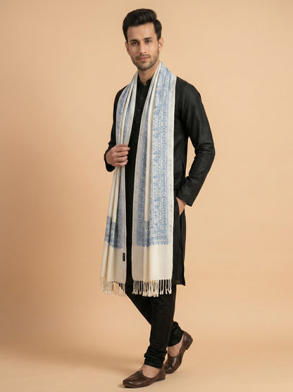 Floral Kashmiri Embroidery Warm Stole for Men with Fringed Border | White - photo 2