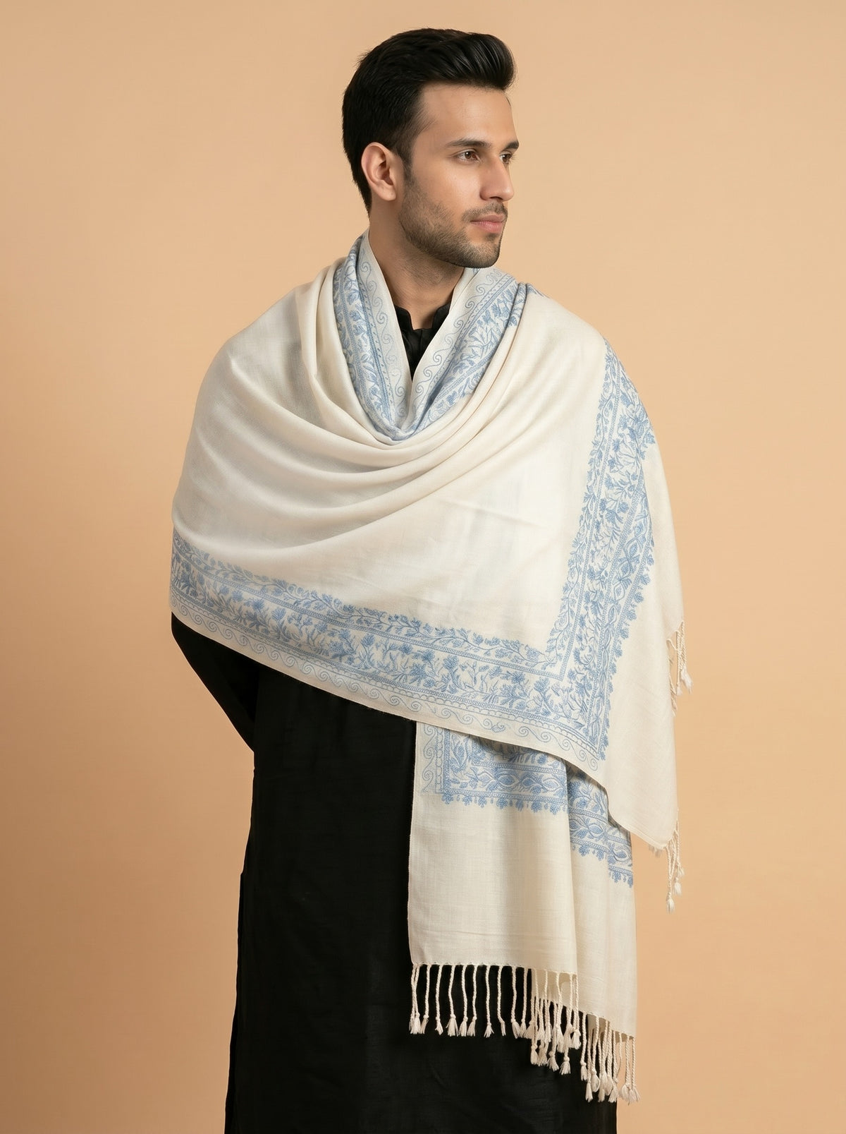 Floral Kashmiri Embroidery Warm Stole for Men with Fringed Border | White - photo 3