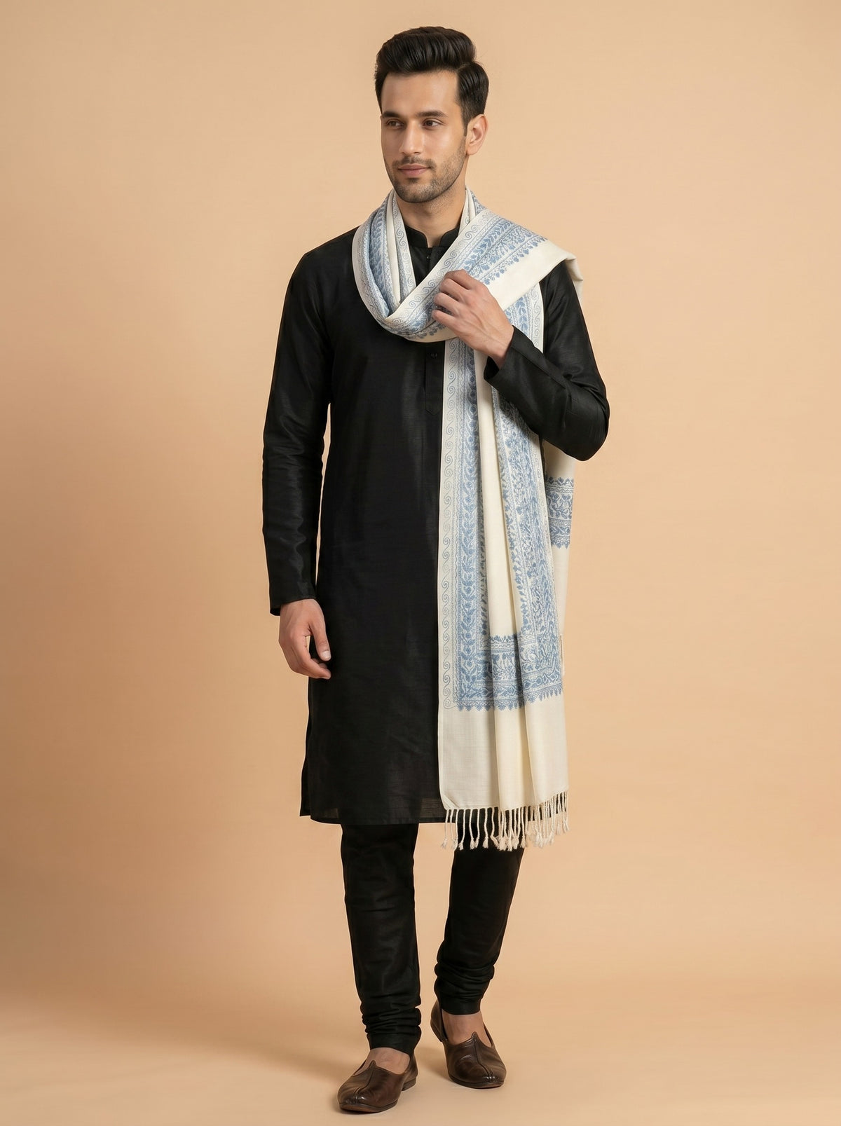 Floral Kashmiri Embroidery Warm Stole for Men with Fringed Border | White - photo 4