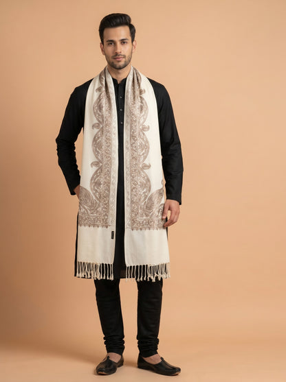 Floral Kashmiri Aari Embroidery Warm Stole for Men with Fringed Border | White - photo 1