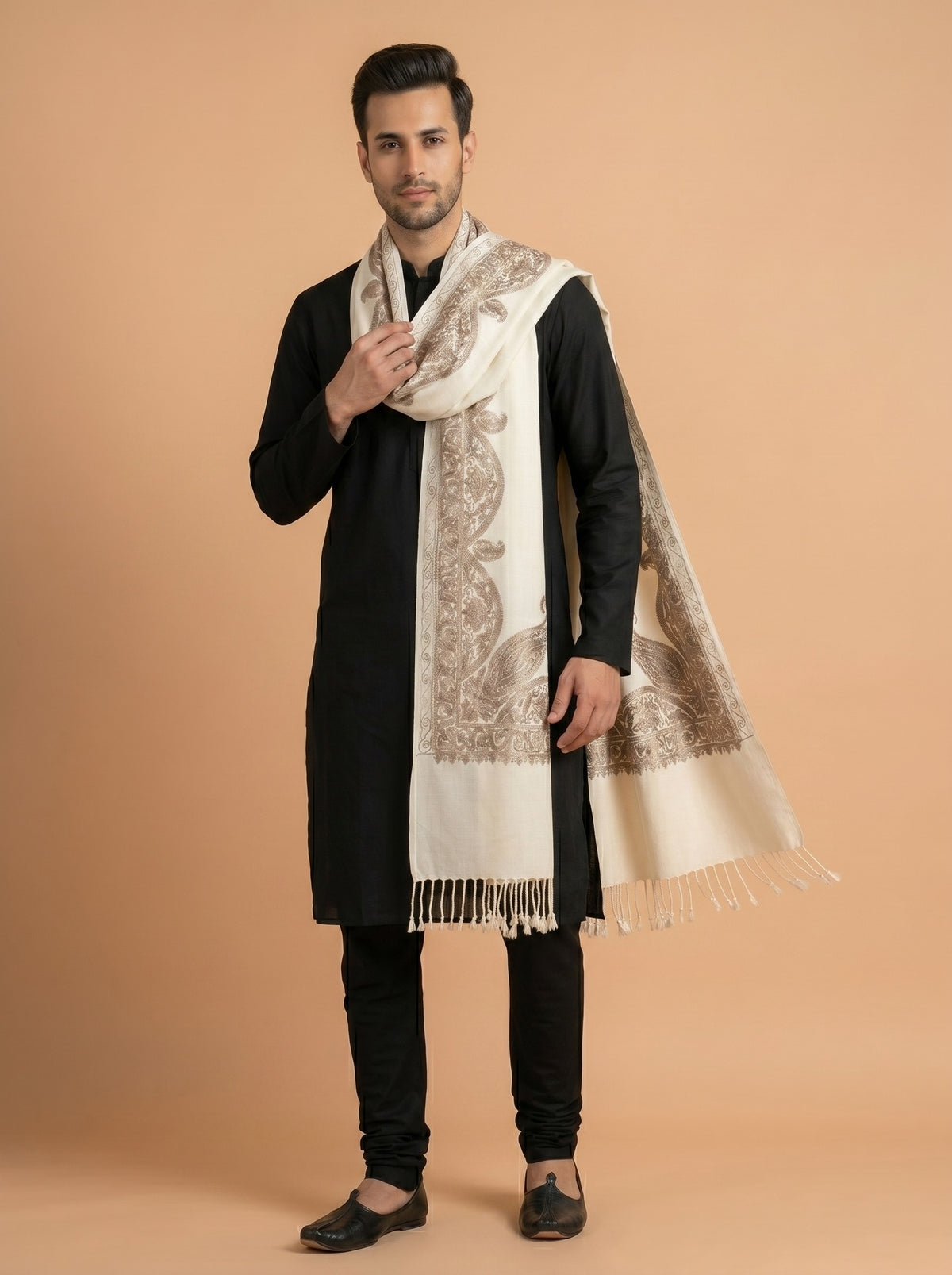 Floral Kashmiri Aari Embroidery Warm Stole for Men with Fringed Border | White - photo 2