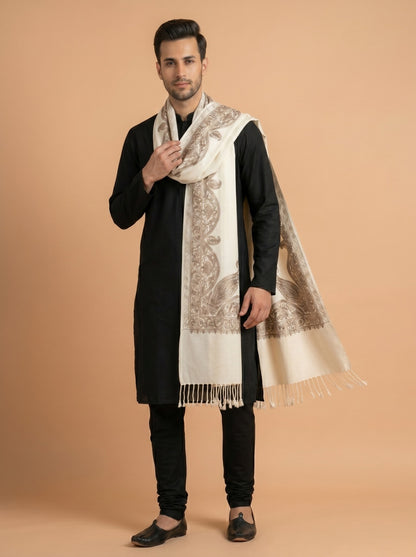 Floral Kashmiri Aari Embroidery Warm Stole for Men with Fringed Border | White - photo 2