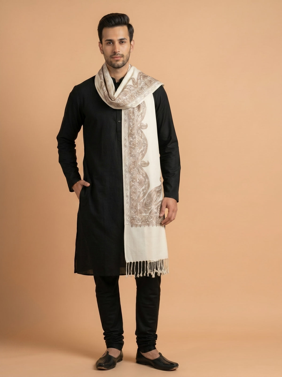 Floral Kashmiri Aari Embroidery Warm Stole for Men with Fringed Border | White - photo 3