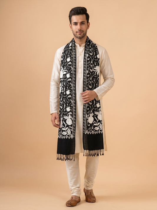 Floral Kashmiri Jaal Embroidery Warm Stole for Men with Fringed Border | Black - photo 1