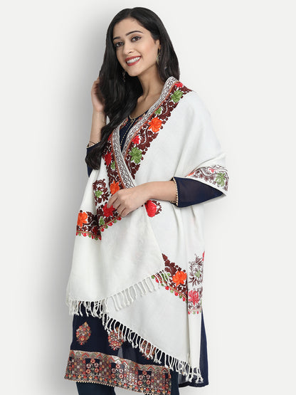 Women Aari Embroidered Stole | White