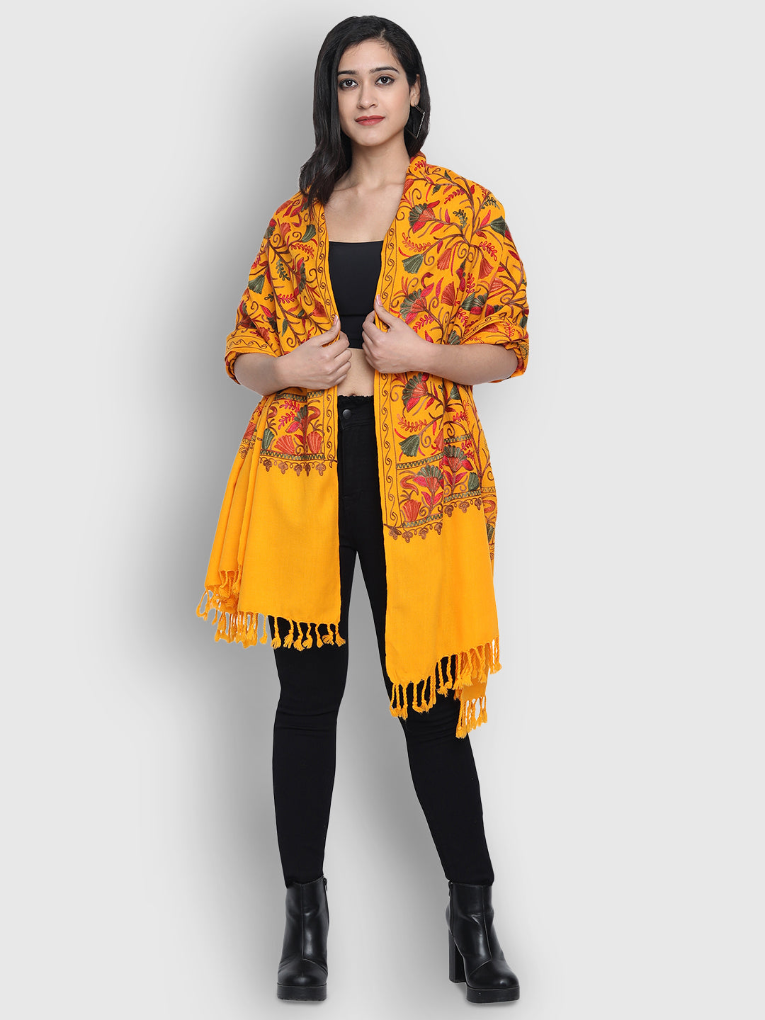 Kashmiri Aari Embroidery Woollen Stole | Yellow