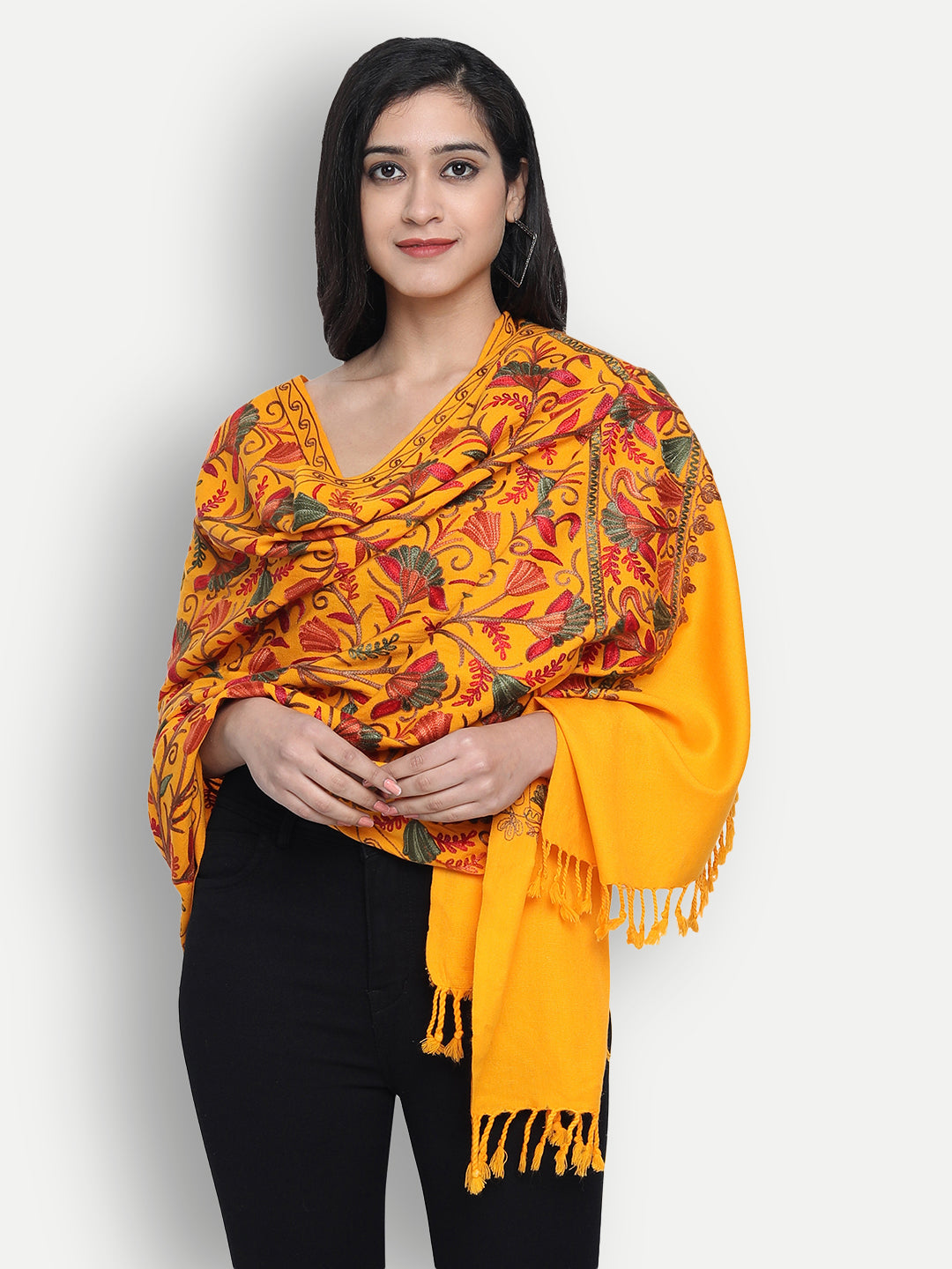 Kashmiri Aari Embroidery Woollen Stole | Yellow