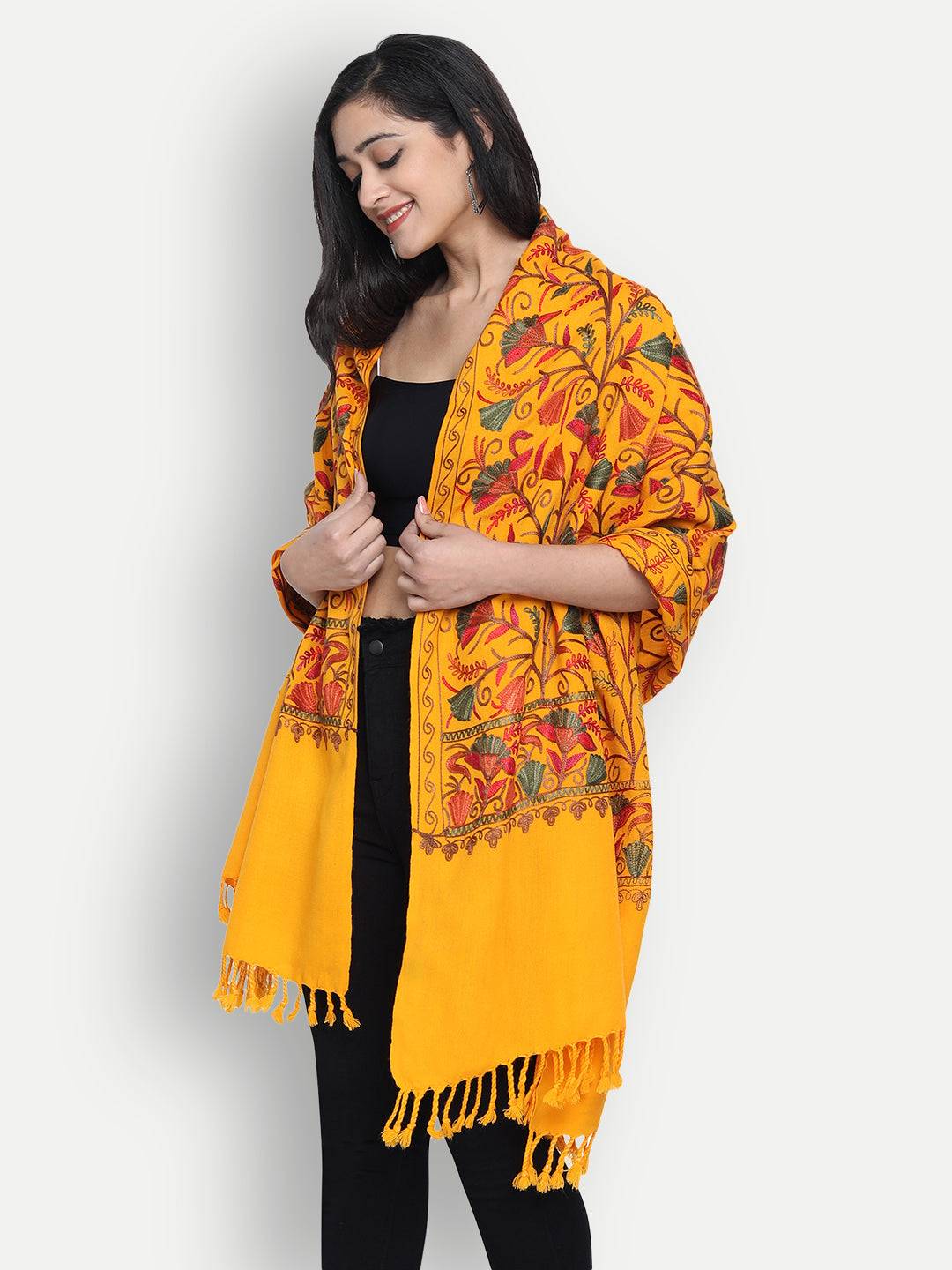 Kashmiri Aari Embroidery Woollen Stole | Yellow