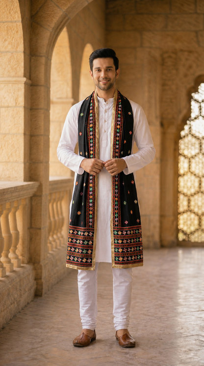 Punjabi Phulkari Embroidered Dupatta for Men | Black