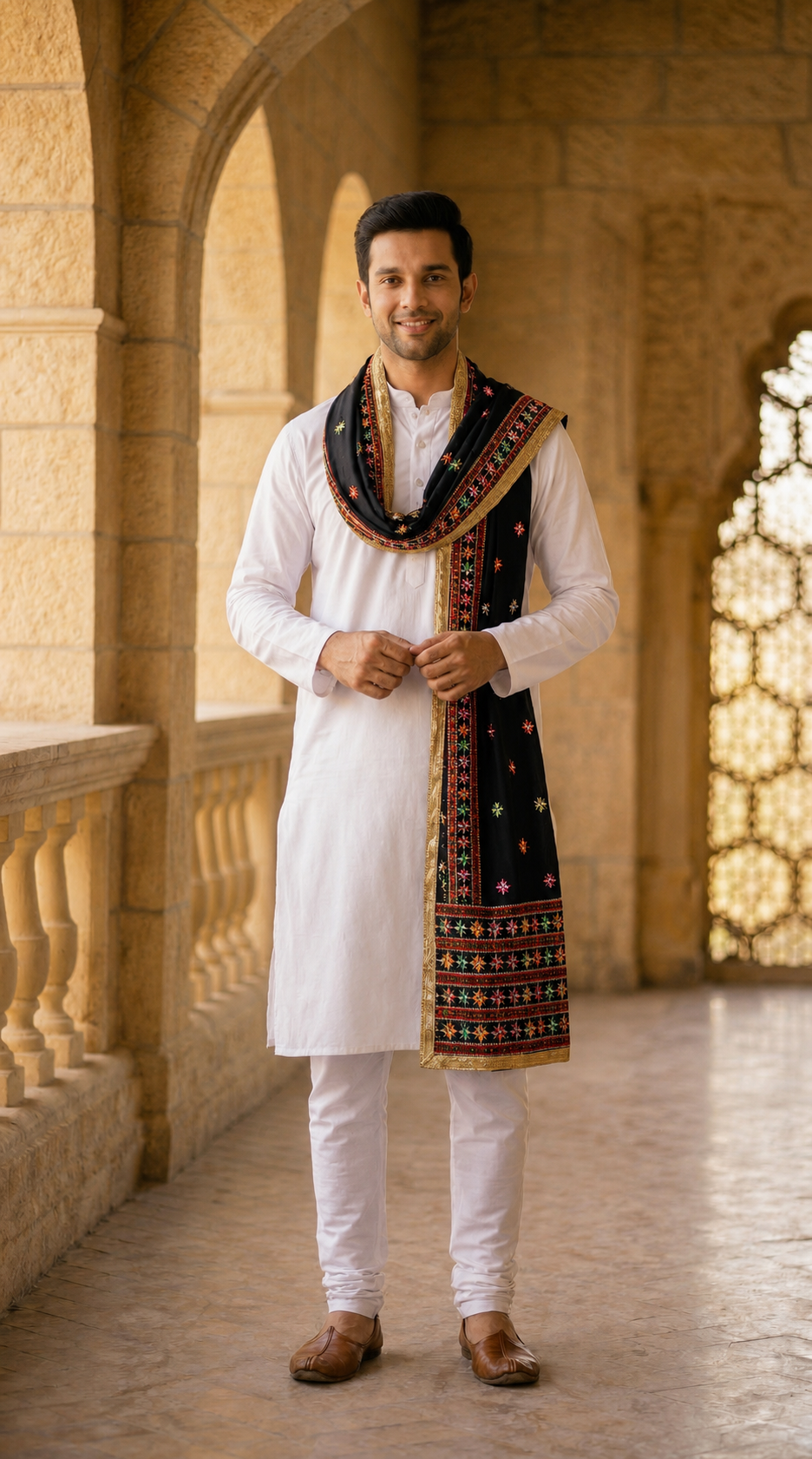 Punjabi Phulkari Embroidered Dupatta for Men | Black