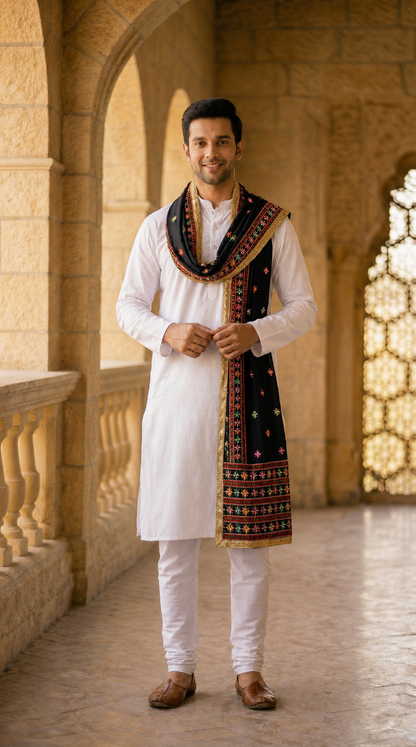 Punjabi Phulkari Embroidered Dupatta for Men | Black