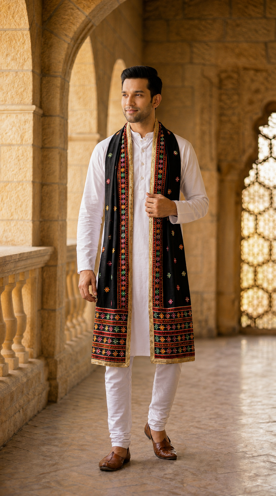 Punjabi Phulkari Embroidered Dupatta for Men | Black