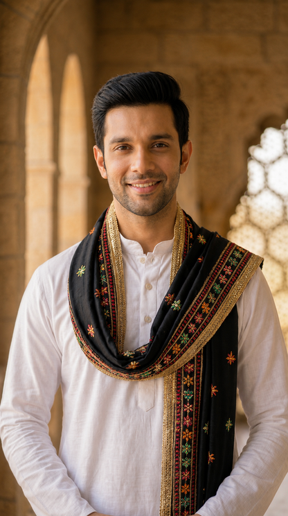 Punjabi Phulkari Embroidered Dupatta for Men | Black
