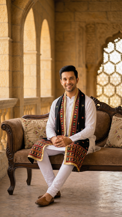 Punjabi Phulkari Embroidered Dupatta for Men | Black