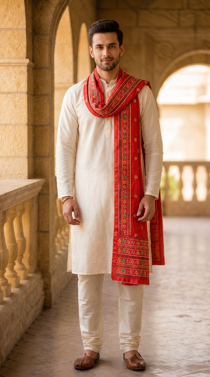 Punjabi Phulkari Dupatta for Men with Heavy Embroidery Border | Red