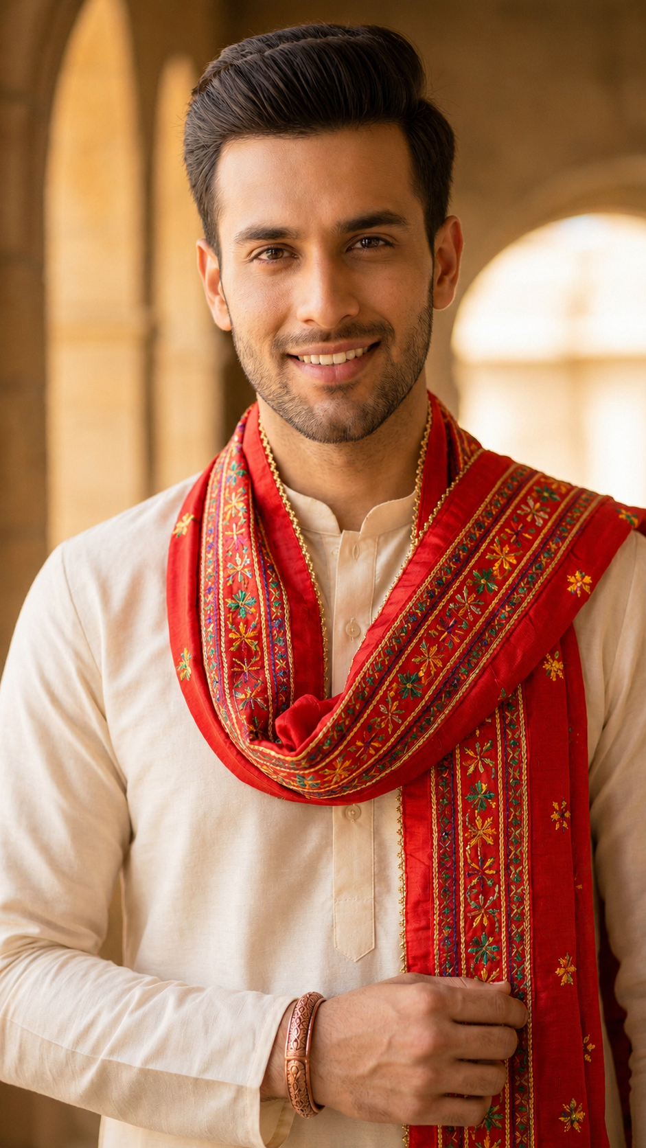 Punjabi Phulkari Dupatta for Men with Heavy Embroidery Border | Red