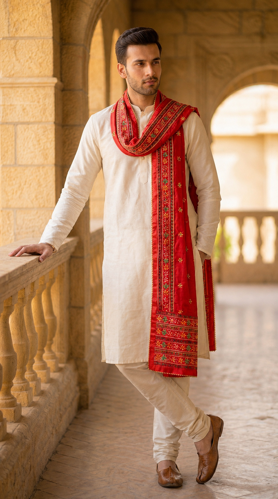Punjabi Phulkari Dupatta for Men with Heavy Embroidery Border | Red