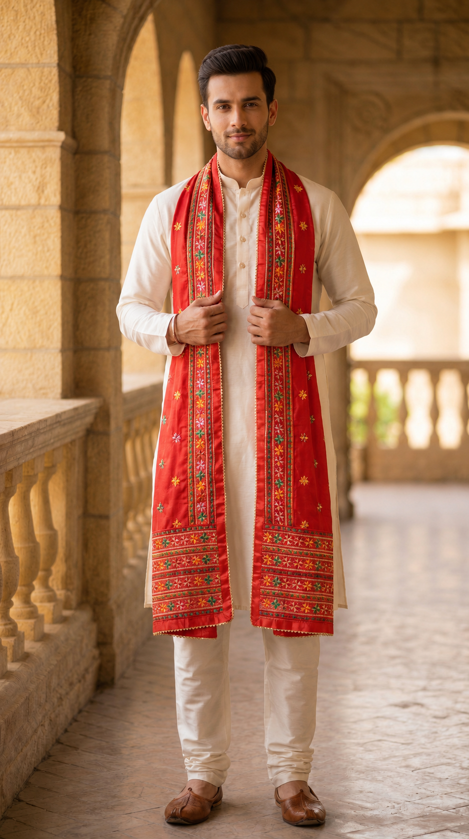 Punjabi Phulkari Dupatta for Men with Heavy Embroidery Border | Red