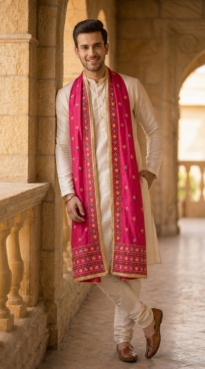 Punjabi Phulkari Dupatta for Men with Heavy Embroidery Border | Pink