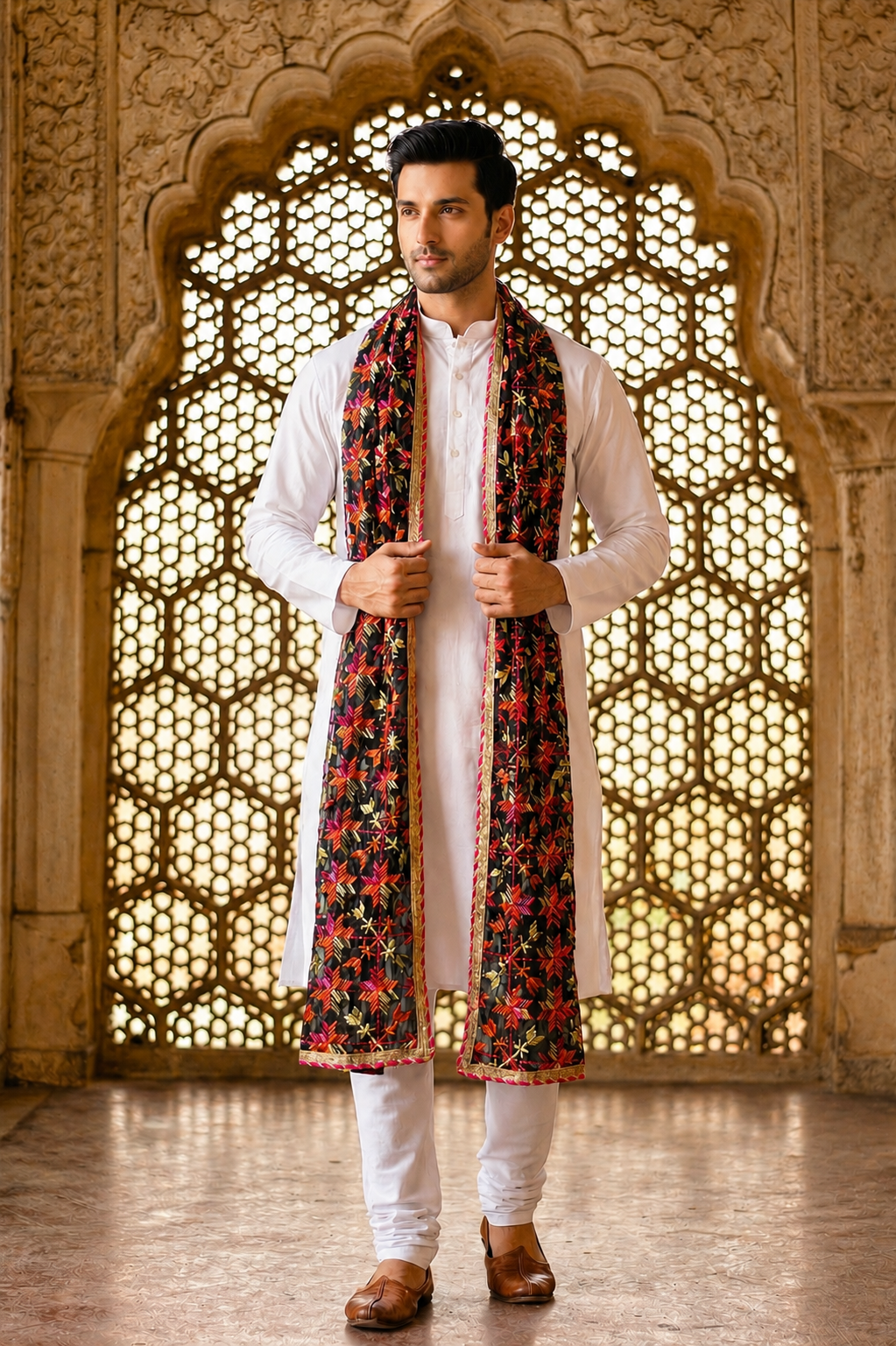 Organza Phulkari Dupatta for Men with Heavy Embroidery | Black