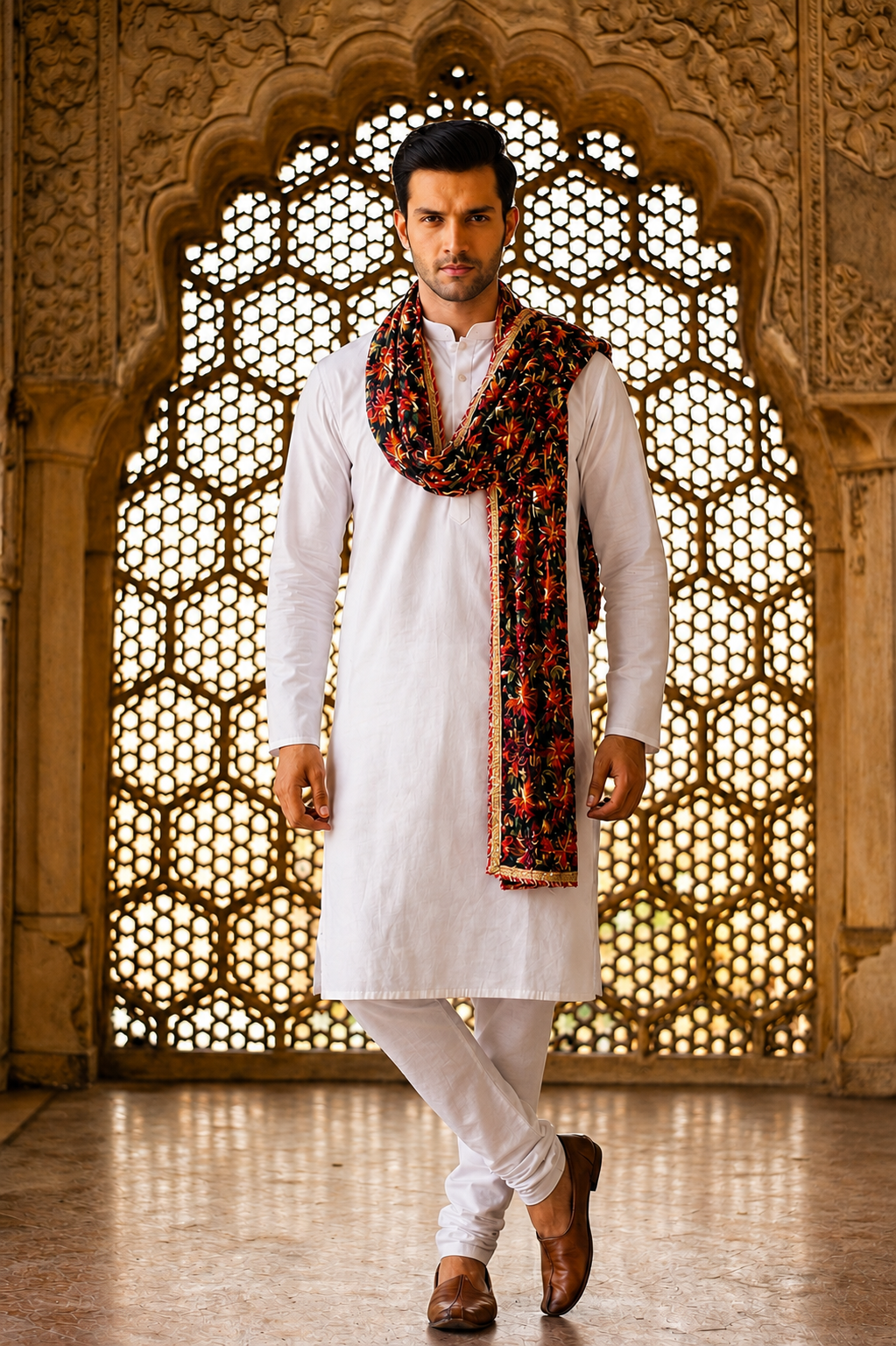 Organza Phulkari Dupatta for Men with Heavy Embroidery | Black