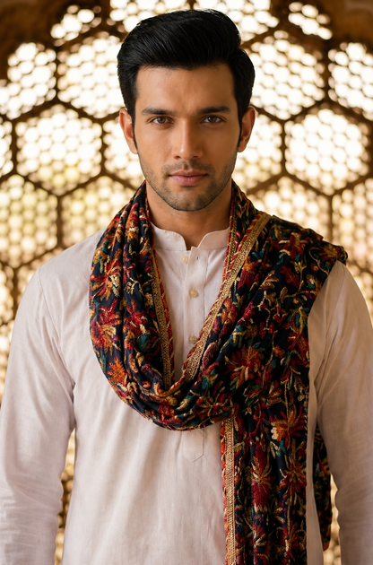 Organza Phulkari Dupatta for Men with Heavy Embroidery | Black