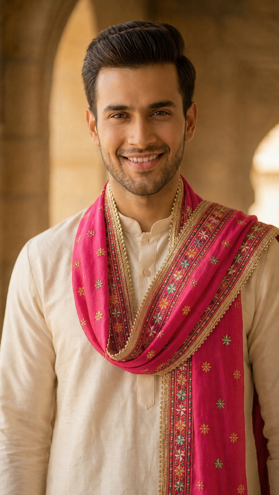 Punjabi Phulkari Dupatta for Men with Heavy Embroidery Border | Pink