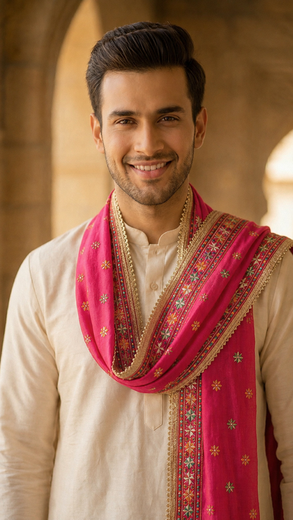 Punjabi Phulkari Dupatta for Men with Heavy Embroidery Border | Pink